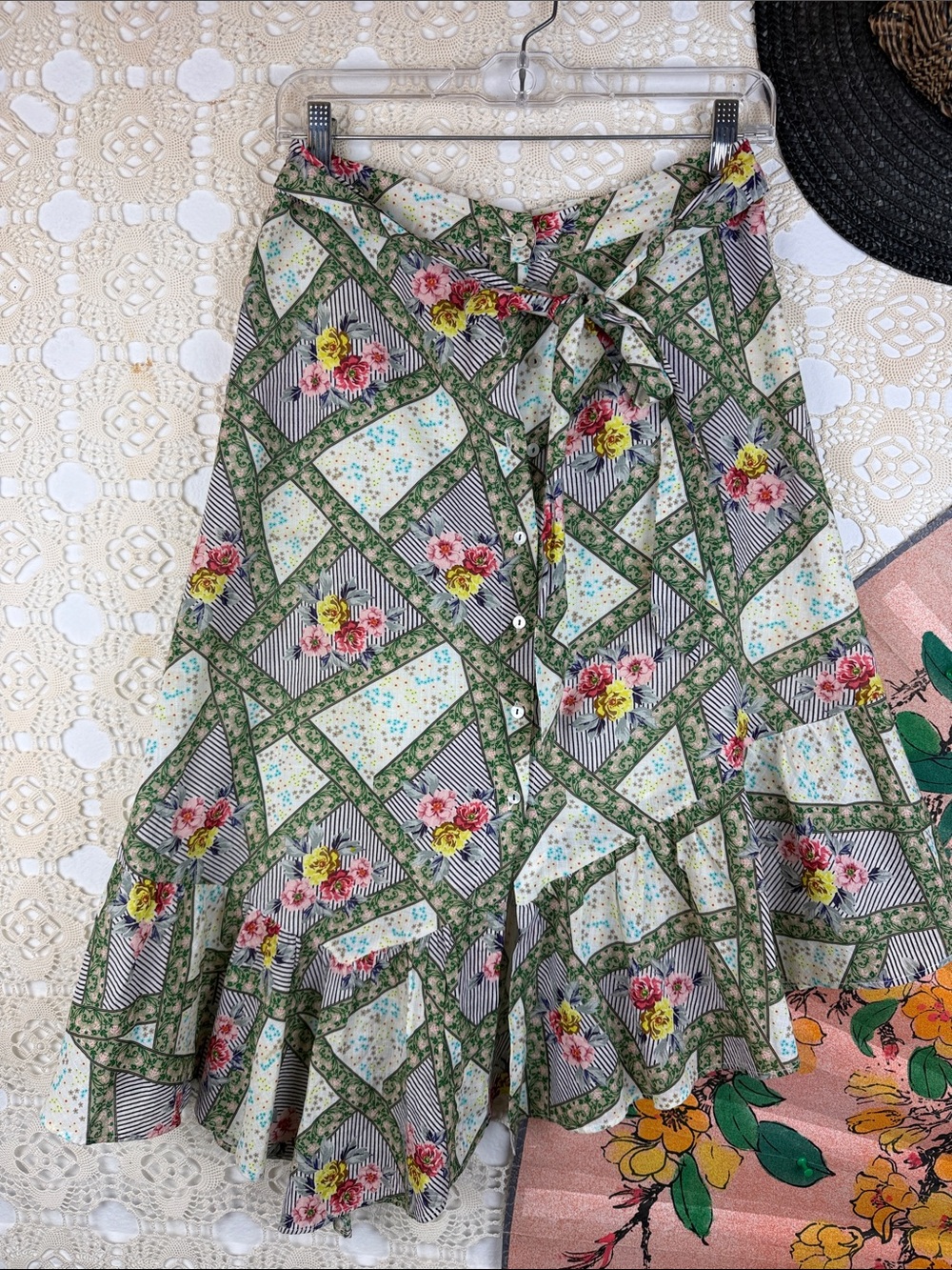Playa Lucila Floral Green Patterned Tiered Midi Skirt Asymmetrical Sz. S Belted